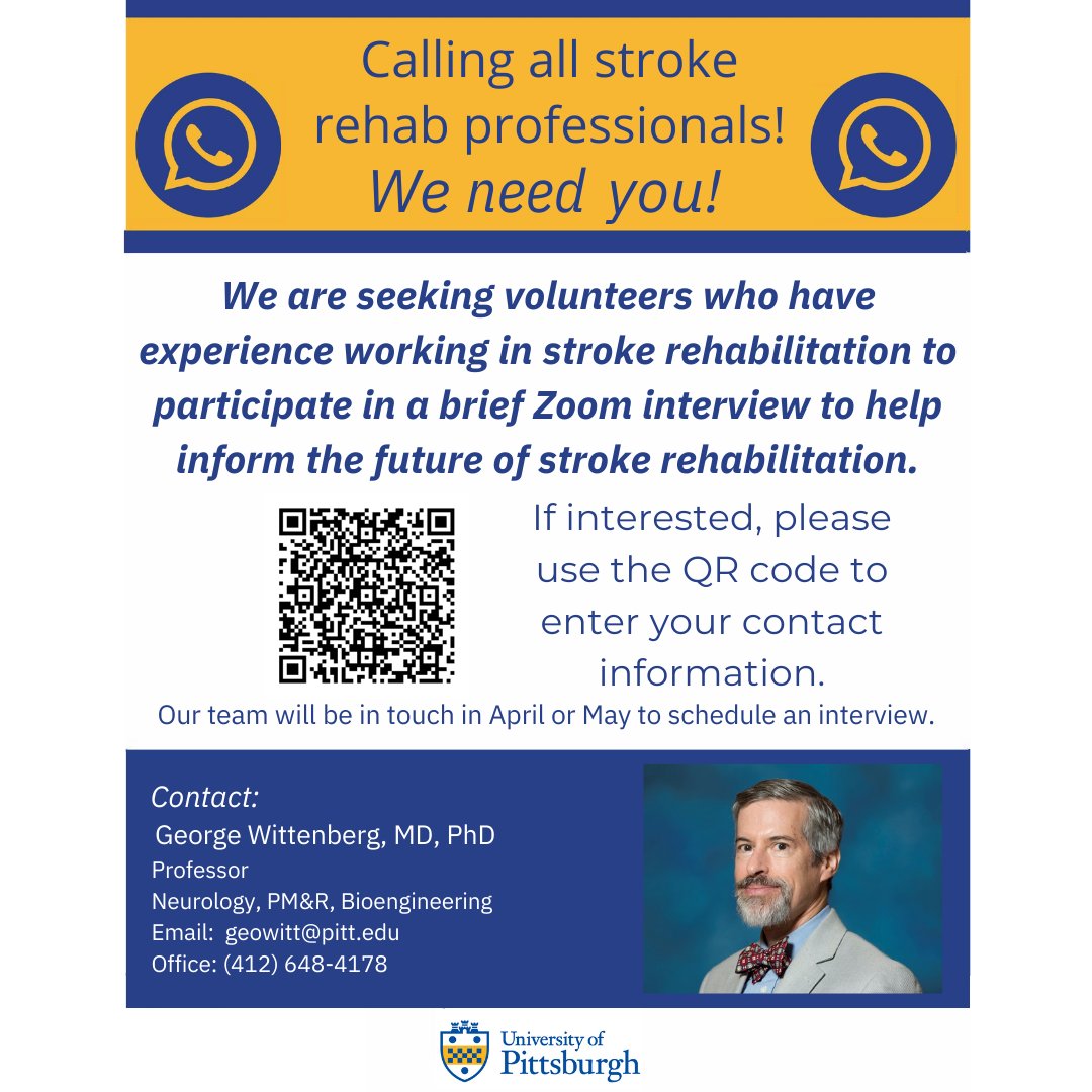📢 Attention stroke rehab professionals! Help shape the future of #stroke #rehabilitation in an NSF-funded research project! Sign up for an interview to share your insights & expertise to inform the design of rehab devices: redcap-std.hs.pitt.edu/redcap/surveys… #neurorehabilitation @WittGeorge