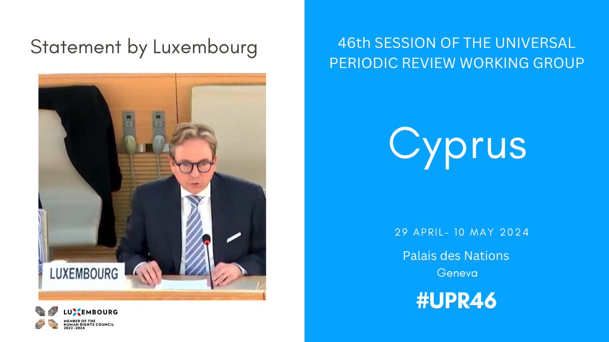 #Luxembourg's🇱🇺 #UPR46 recommendations to #Cyprus🇨🇾: 1️⃣ Ratify the CED; 2️⃣ Fight hate speech & discrimination of all kinds; 3️⃣ Increase the representation of women in decision-making positions at all levels; 4️⃣ Accede to the 1961 UN Convention on the Reduction of Statelessness.
