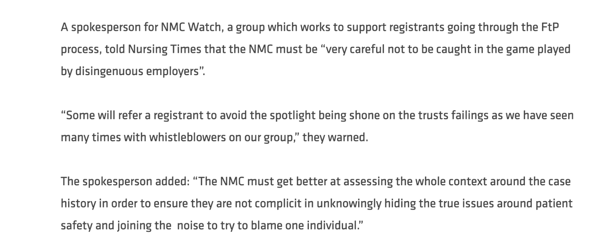 Thanks to @Ella_Devereux &for allowing one our members voices. It takes great skill to assess evidence neutrally and to decipher context around whistleblowing or scapegoating... hoping @nmcnews are recieving the correct training in order to do so nursingtimes.net/news/professio…