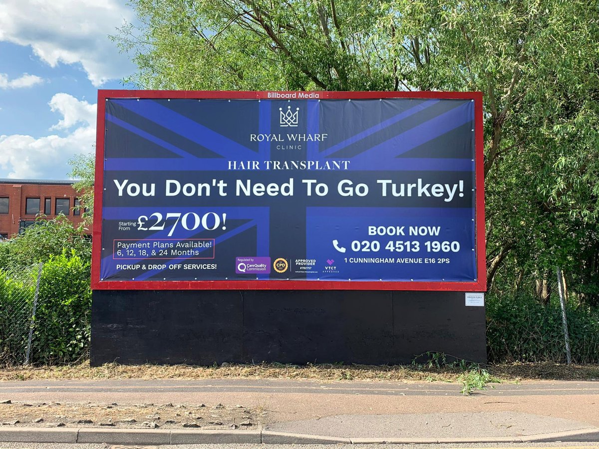 You don't need to jet off to Turkey, our friends at Royal Wharf Clinic have you covered.

Check out their new billboard now displayed on Royal Docks Road.

#BillboardMediaUK #BillboardMedia #Billboards #OOH #HairTransplant #Aesthetics #CosmeticTreatment #RoyalWharfClinic