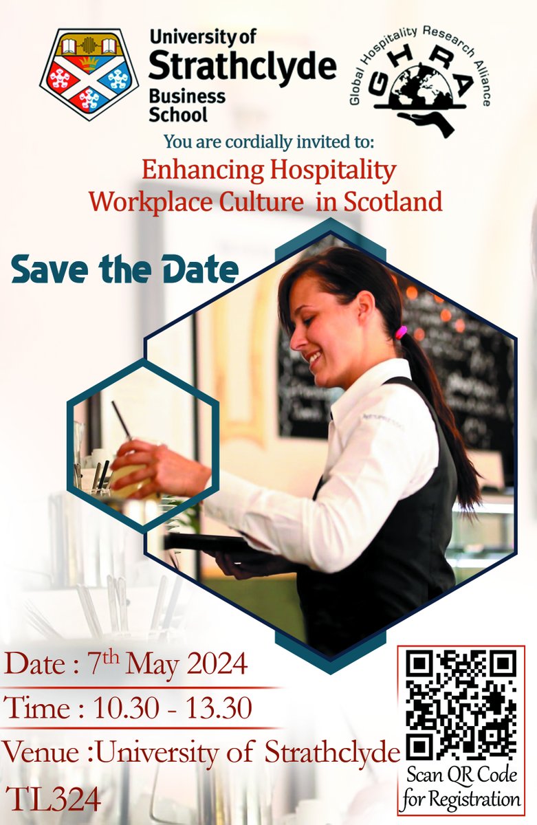 Our event, “Enhancing Hospitality Workplace Culture in Scotland”🏨 in collaboration with @EngageStrath, is just one week away:📅7th May 2024🕒10.30-13.30 📍 @UniStrathclyde /Hybrid. A few places remaining. Let's come together as leaders and professionals👇engage.strath.ac.uk/event/1050