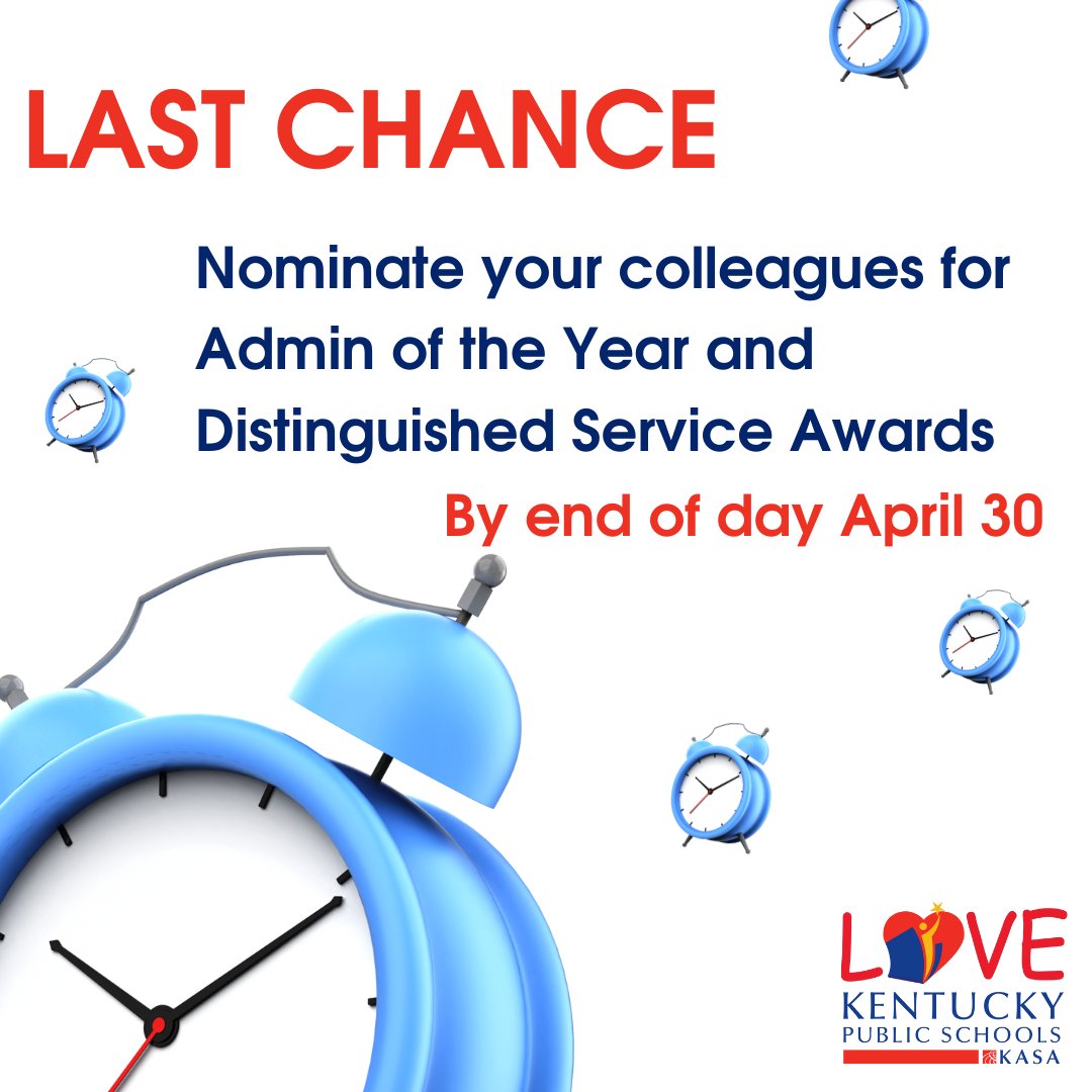 KASA members, we need your help to recognize amazing education leaders. Nominate your deserving colleagues for either the Distinguished Service or Admin of the Year Award. Let's honor their hard work & dedication! Submit now! tinyurl.com/2mnrpsbw #LoveKYPublicSchools