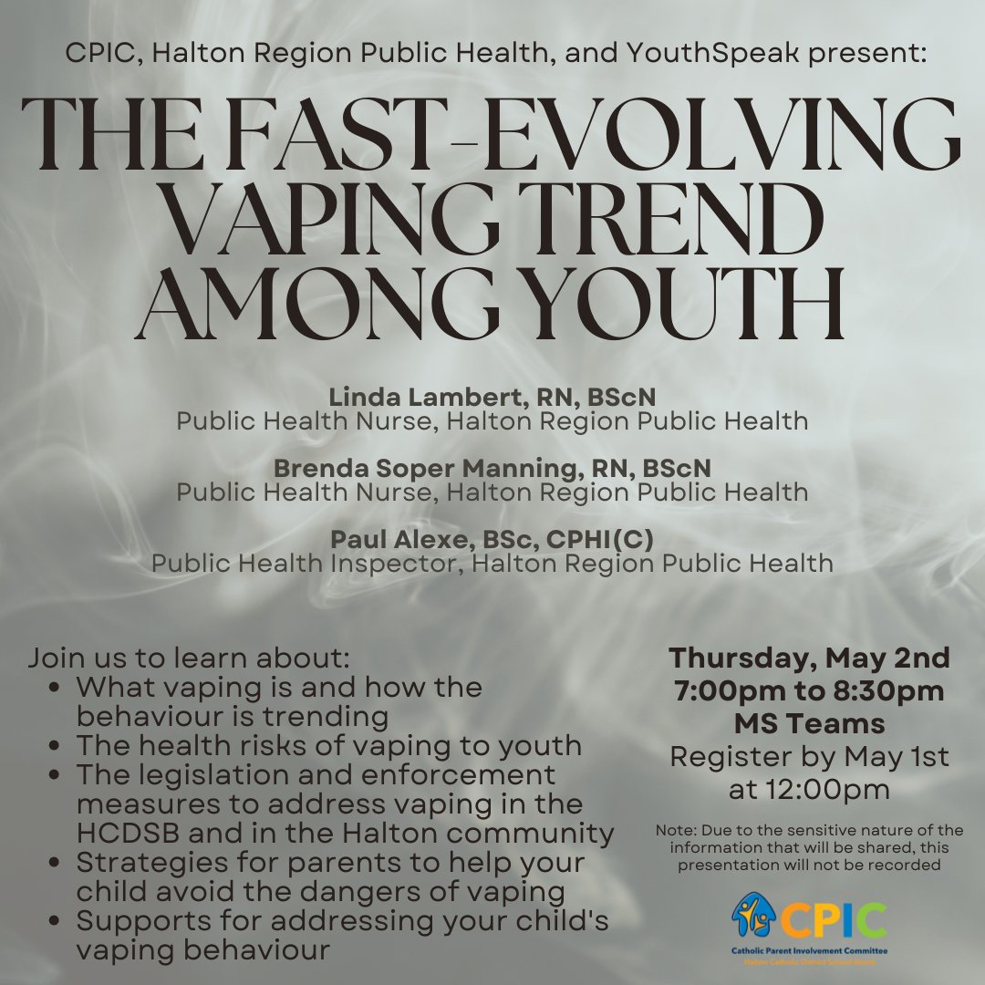 Halton CPIC (@haltoncpic) on Twitter photo Vaping has been a leading concern amongst families, particularly for those in high school.
Join us on Thu May 2 for a virtual infosession on The Fast-Evolving Vaping Trend Among Youth.
Reg link in your email. Note the presentation will NOT be recorded.
<a href="/HCDSB/">Halton Catholic DSB</a> Vaping has been a leading concern amongst families, particularly for those in high school.
Join us on Thu May 2 for a virtual infosession on The Fast-Evolving Vaping Trend Among Youth.
Reg link in your email. Note the presentation will NOT be recorded.
<a href="/HCDSB/">Halton Catholic DSB</a>