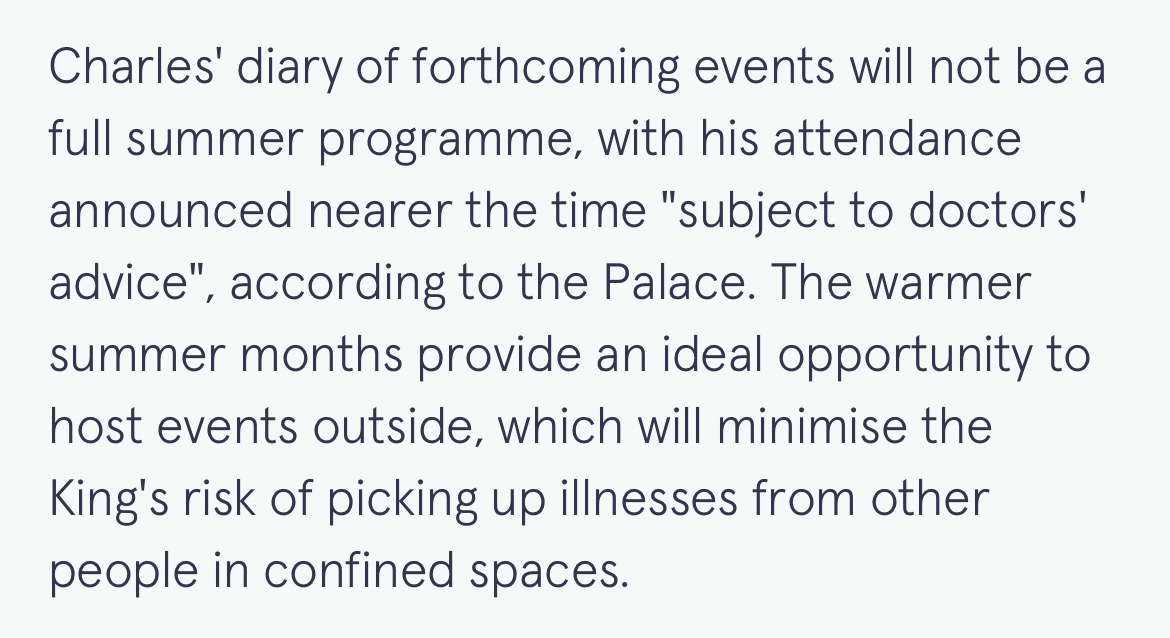 So The King’s team know that ventilation & outdoor events are much less risky for him given his condition. So why were they not willing to set an example of best practice in indoor, shared air, healthcare by using FFP2+ & HEPA? twitter.com/1goodtern/stat…