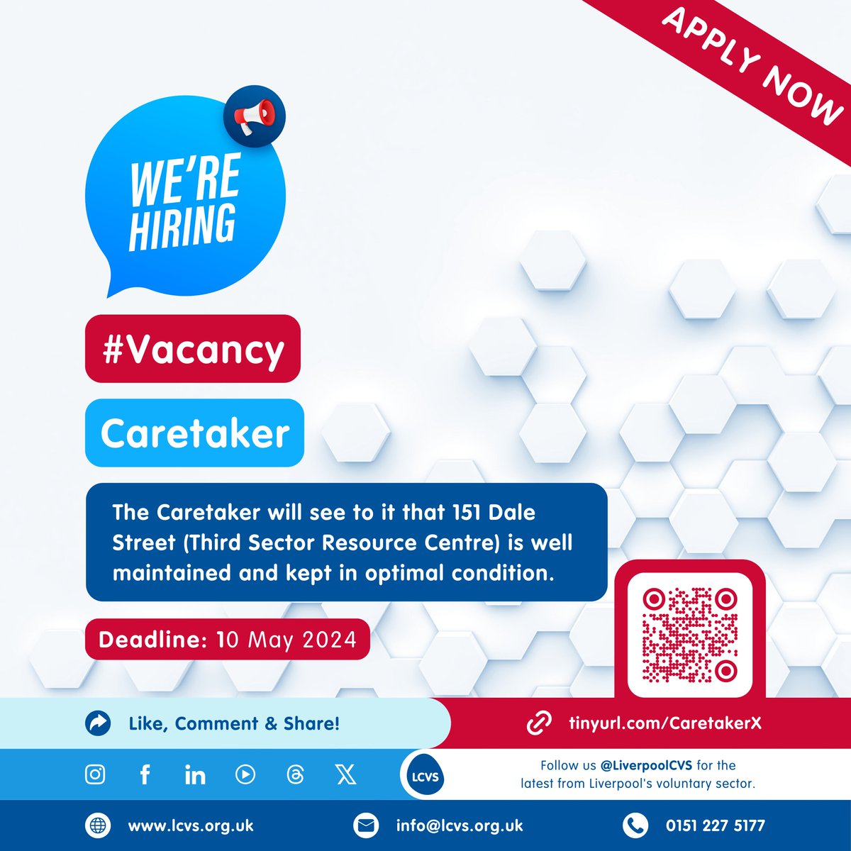 📣#Vacancies | REMINDER | LCVS is hiring! 👉We are looking for a Caretaker who will do routine maintenance, health & safety checks and more for our building. 🔔Apply now! 🔗tinyurl.com/CaretakerX #CharityJobs #thirdsectorjobs #liverpooljobs @SoniaBassey1