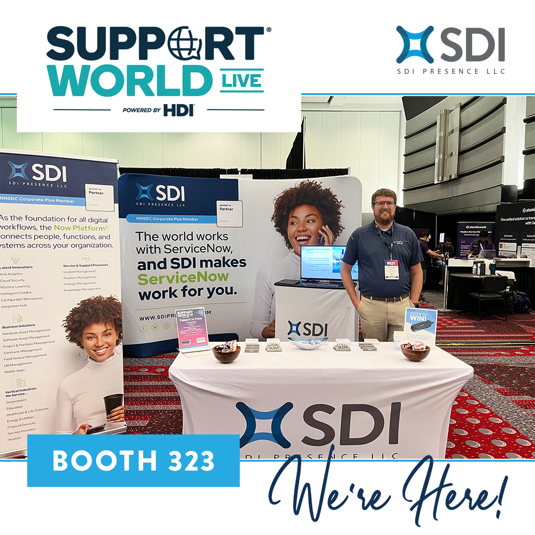 It’s day 2️⃣ of #SupportWorldLive, the annual #HDI conference and expo! Stop by booth 323 to say hi to SDI and for a live #ServiceNow demo!