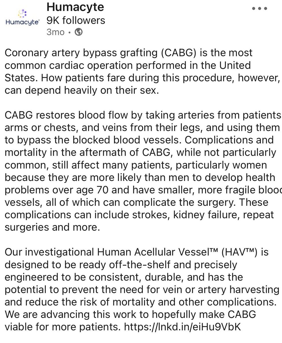 Also, no idea what the details of that CABG session were, but I bet they’ll be back to see the impact $HUMA has on CABG

Phase 1 for CABG expected to begin in the next couple years 

Currently in large animal studies with results expected this year