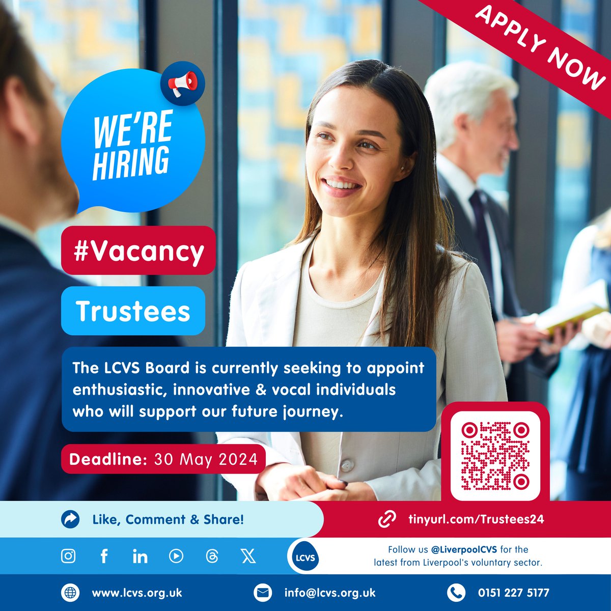 📣#Vacancies | REMINDER | LCVS is hiring! As our trustees, you will be helping to support hundreds of local charities and their communities in Liverpool and beyond! 👉Apply now! ⬇️FULL INFO⬇️ 🔗tinyurl.com/Trustees24 #CharityJobs #thirdsectorjobs #liverpooljobs @SoniaBassey1