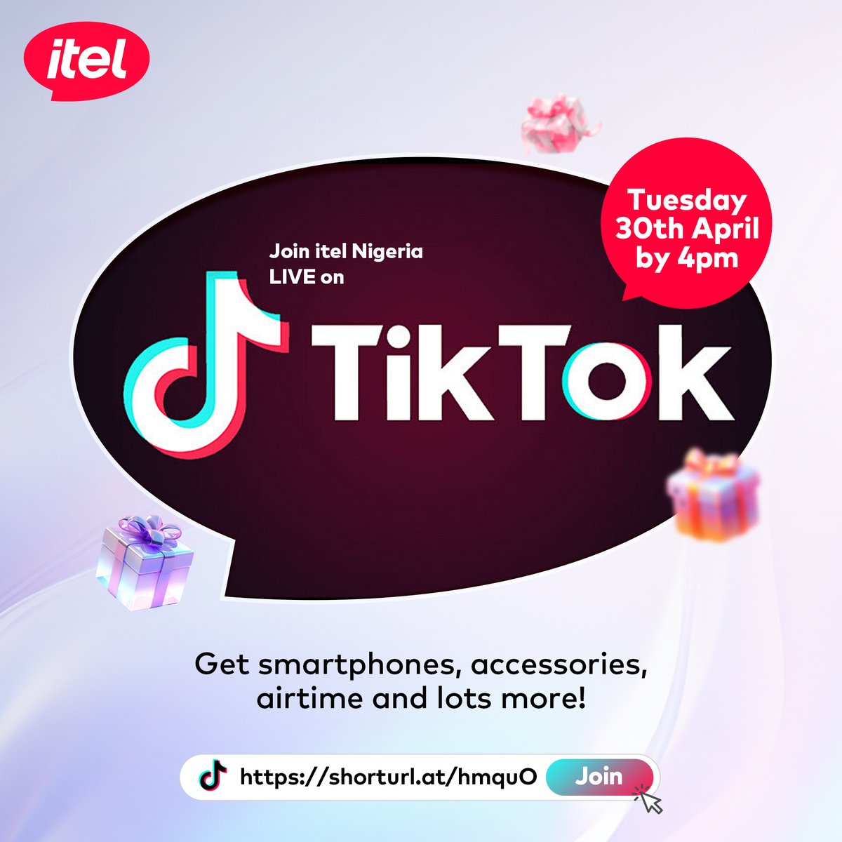 It's TikTok time!! Join us by 4PM today on TikTok for another exciting session of itel Unfiltered! As usual, you know gifts go dey ground! 😉 Let’s go!!! 👏🏽✨ #itelUnfiltered #itelLiveOnTikTok