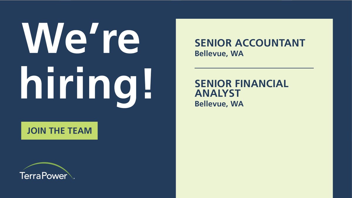 Join our team at TerraPower! We're hiring for 2 key roles: Senior Accountant & Senior Financial Analyst. Apply now to make an impact in the world of nuclear energy and finance. Senior Accountant: terrapower.com/contact-us/car… Senior Financial Analyst: terrapower.com/contact-us/car…