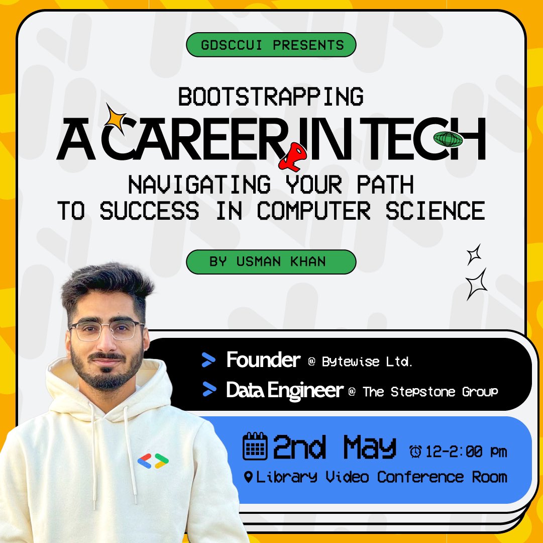 🚀 Excited to announce Usman Khan’s seminar on bootstrapping a career in tech! 💼 Join us on May 2nd, 12-2pm, as Usman shares his expertise and journey. Don’t miss out!