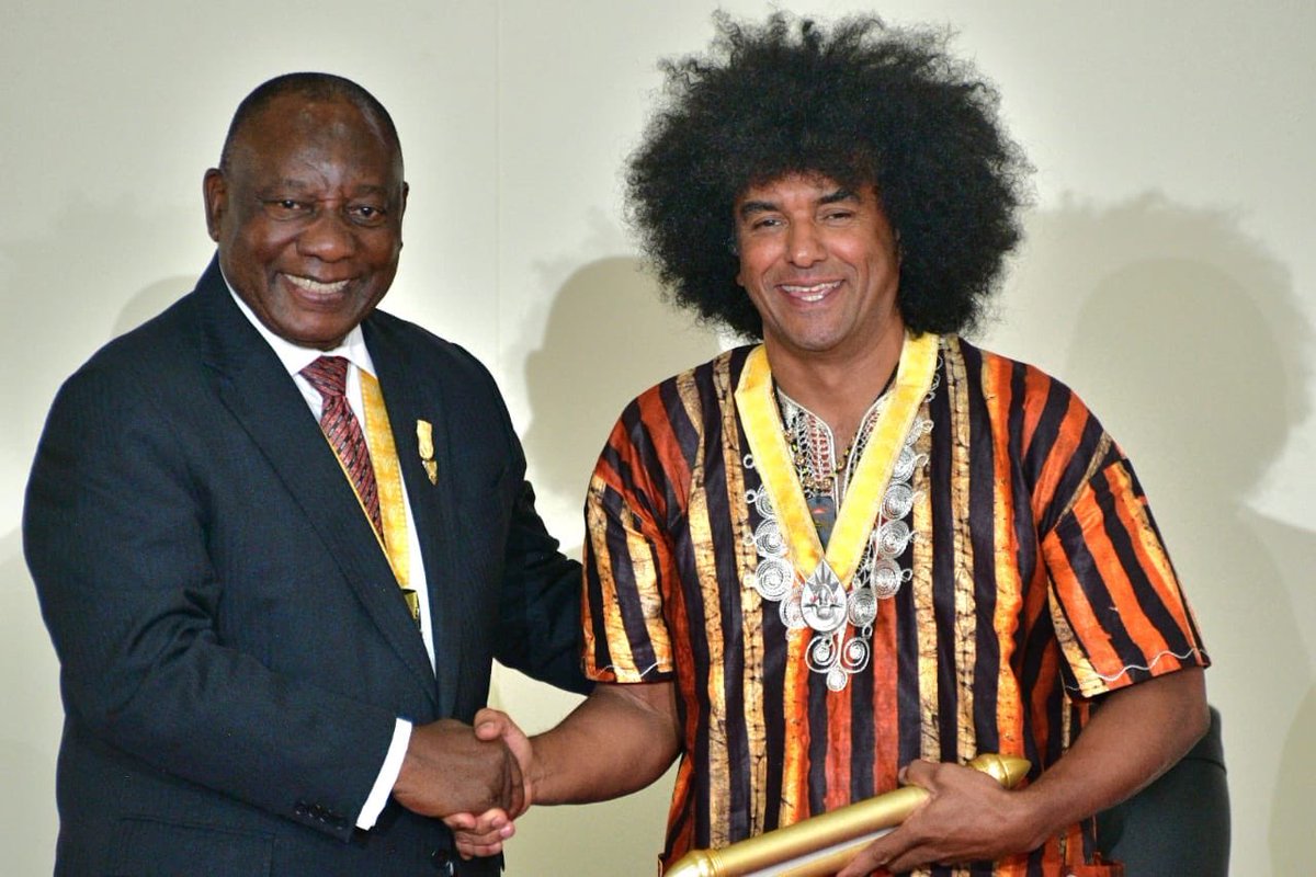 President @CyrilRamaphosa, Grand Patron of the #NationalOrders bestows the Order of Ikhamanga in Silver to Mr. Emile Lester Jansen. The Order of Ikhamanga is awarded to South African citizens who have excelled in the fields of arts, culture, literature, music, journalism, or…