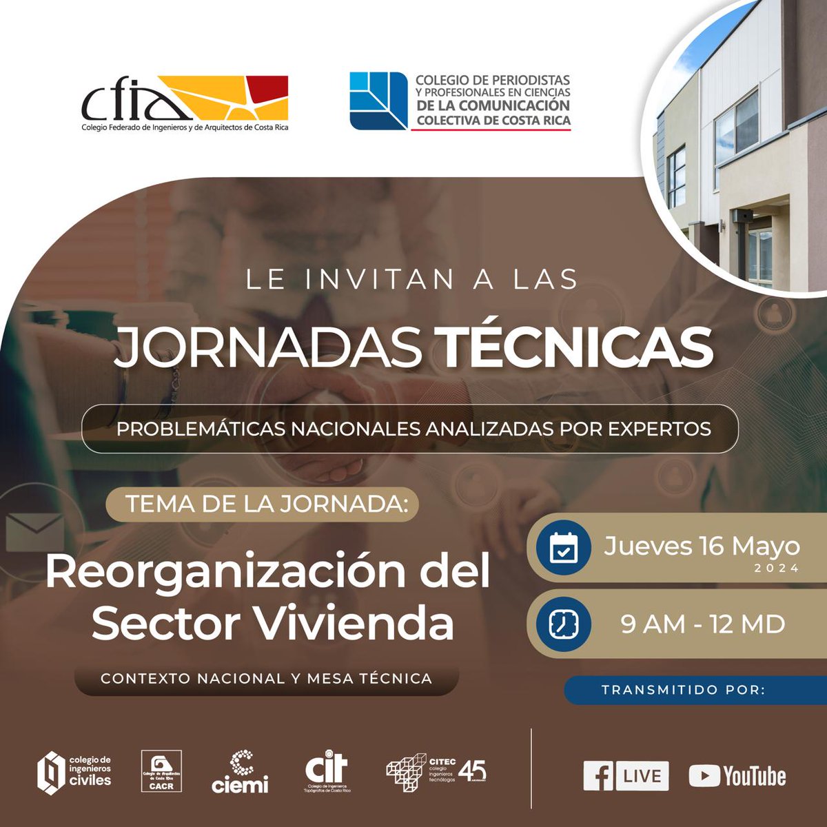 ¡Atención! La octava jornada de las #JornadasTecnicas2024 del #Colper y el Colegio Federado de Ingenieros y de Arquitectos de Costa Rica, enfocada en la reorganización del sector vivienda, ha sido reprogramada para el jueves 16 de mayo.📝 @CFIACR