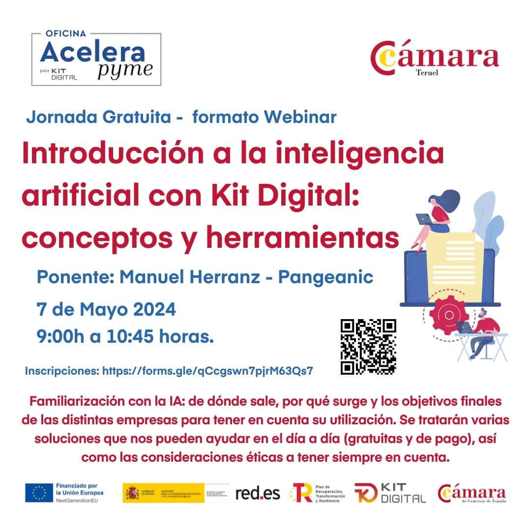 📢 JORNADA ONLINE. INTRODUCCION A LA INTELIGENCIA ARTIFICIAL CON KIT DIGITAL: CONCEPTO Y HERRAMIENTAS 

📅 07/05/24

Inscripciones👇
acelerapymeteruel.com/ia_con_kd_conc…

Oficina #Acelerapyme para #KitDigital 
@redpuntoes @Acelerapyme
@camarascomercio #NextGenerationEU
#PlanDeRecuperación