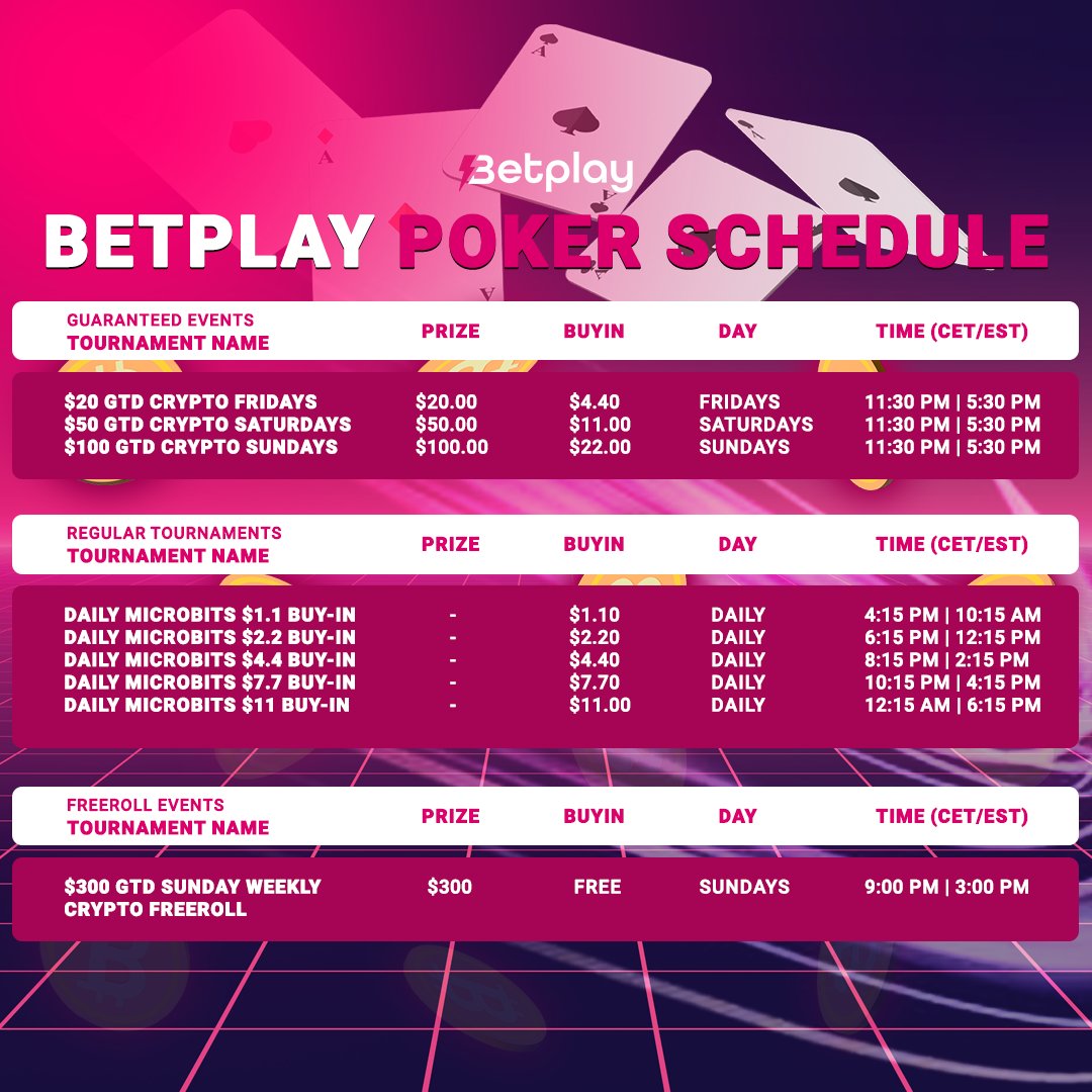 Join competitive and exhilirating #poker tournaments on Betplay ♠️♣️♥️♦️

Schedule & tournaments info. 👇

Create your Betplay account ⚡bit.ly/BetPlayioTW

#CryptoPoker #OnlinePoker #CryptoCasino