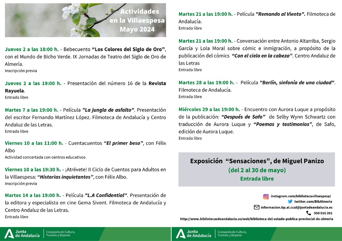 Un mes de mayo lleno de actividades. ¡Te esperamos! #actividadesvillaespesa @almeriajunta @culturaand @CulturaAlmeria