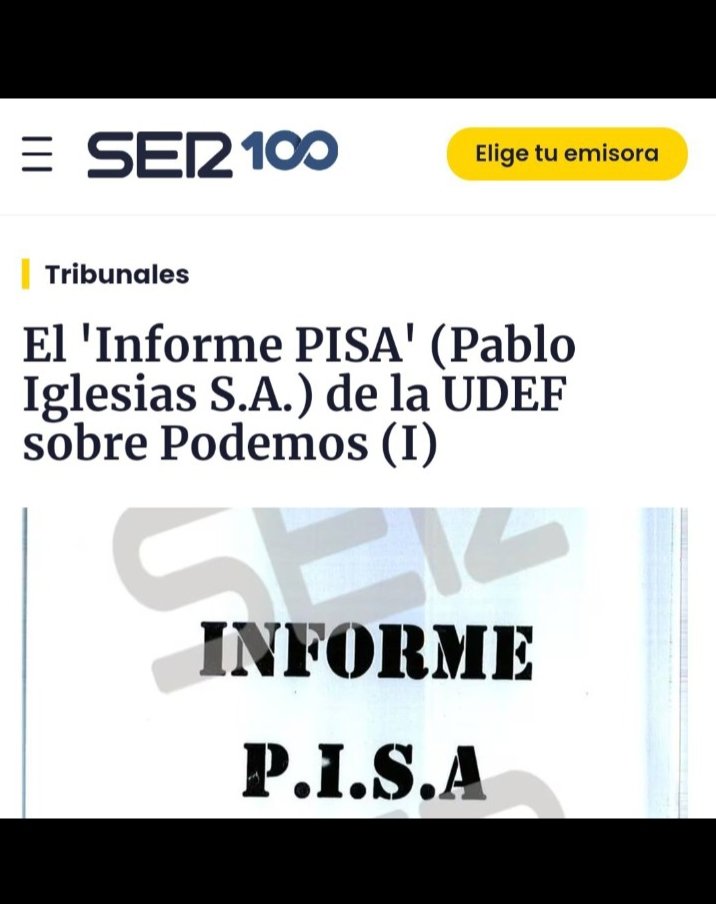 Por higiene democrática y contra el #Lawfare y el fango de las cloacas, os invito a que cada día le recordemos a @HoyPorHoy , @Hora25 , @AngelsBarcelo y @La_SER, retirar de su web el FALSO informe PISA, fabricado por Villarejo y difundido por @anaterradillos.

RT y difunde.