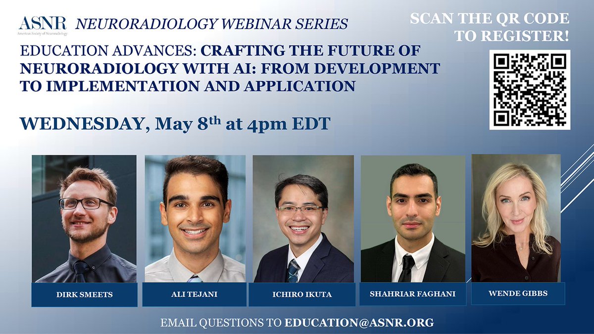 Register now for #ASNR's next free webinar on Wednesday, May 8. Join us at 4:00 pm ET for Education Advances: Crafting the Future of Neuroradiology with AI: From Development to Implementation and Application. Get all of the details and register now: ow.ly/knHo50Rsxaj