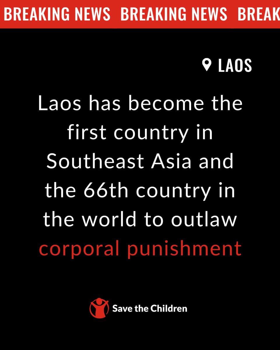 Congratulations to #Laos on becoming the 66th UN state and 1st #ASEAN member state to prohibit all corporal punishment of #children. This is a major step in addressing the protection of children. #endcorporalpunishment #SDG16 @endGIendcorpun @UN_EndViolence