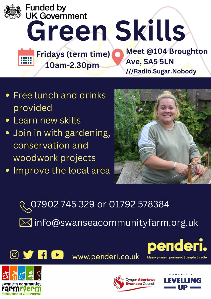 Green Skills Session! Come along this Fri 3 May and join our fabulous Farm team at 104 Broughton Avenue, #Blaenymaes from 10am – 2:30pm. We’ll have food growing activities, as well as skill-building woodworking and crafts. There is something for everyone! #UKSPF #LevellingUpFund