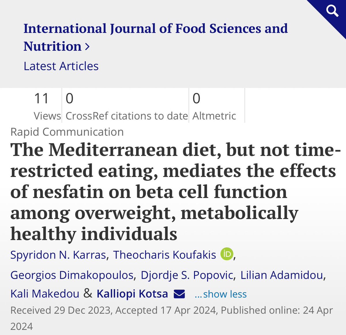 Happy to share our latest study which is the first in the literature showing that a #Mediterranean dietary pattern based on Orthodox fasting mediates the effects of nesfatin on beta cell function tandfonline.com/doi/full/10.10… @DjordjePopovi12