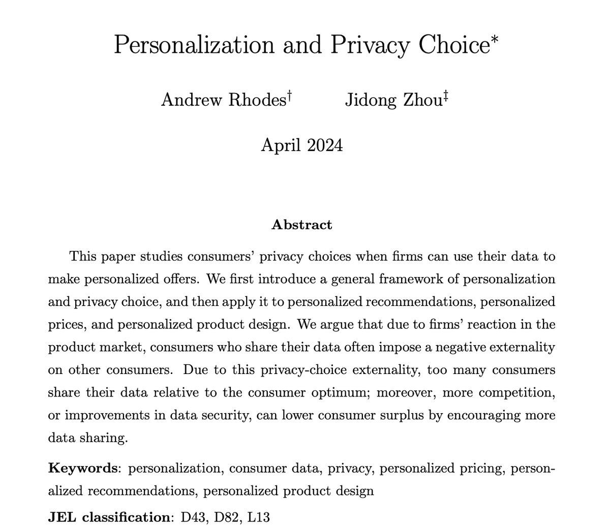 NEW Discussion Paper exploring consumers' privacy choices when firms can use their data to make personalized offers. By Andrew Rhodes & Jidong Zhou: cowles.yale.edu/research/cfdp-…
