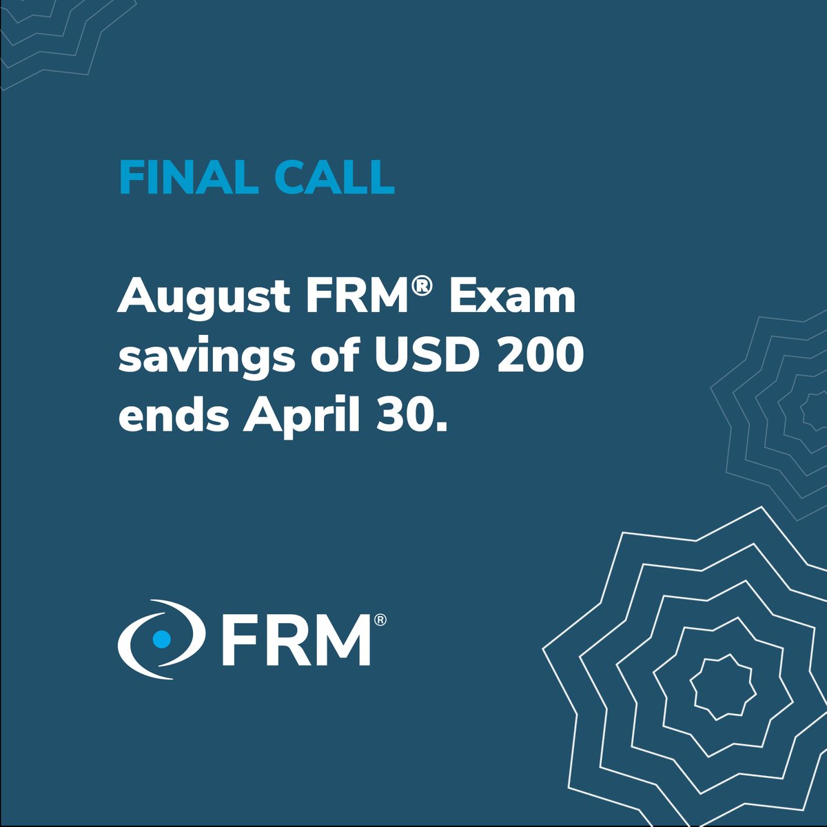 GARP_Risk's tweet photo. Early registration for August 2024 FRM Exams ends today! Register before the deadline and save USD 200! https://t.co/4LxadXPtPk

#GARPFRM #financialrisk #riskmanagement #riskprofessionals https://t.co/zfGB0e7gjq