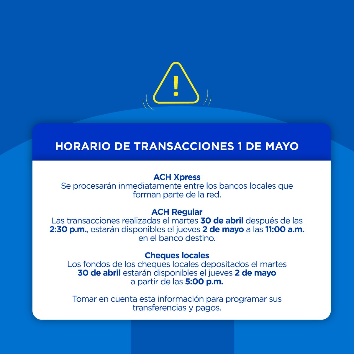 #AvisoImportante Horario de transacciones para el 1 de mayo. #CajaDeAhorros