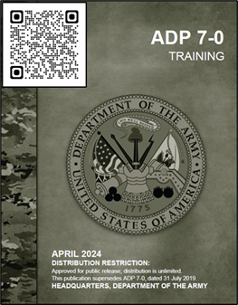 New! ADP 7-0, Training (APR24). ADP 7-0 describes how the Army’s principles of training provide leaders a foundational understanding to training Soldiers and units. Click the link or scan the QR code on the cover and check it out… armypubs.army.mil/epubs/DR_pubs/… 📗