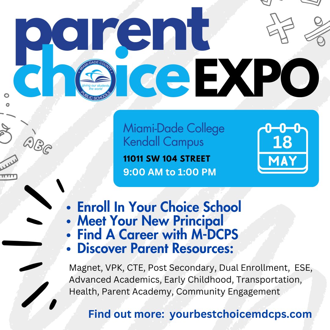 Looking for the perfect fit for your child’s education next year, or interested in a rewarding career with Miami-Dade County Public Schools? From Prek to Career, Your Journey Starts Here, @MDCPS Join us at the Parent Choice Expo hosted at #MDCKendall on May 18th at 9am!