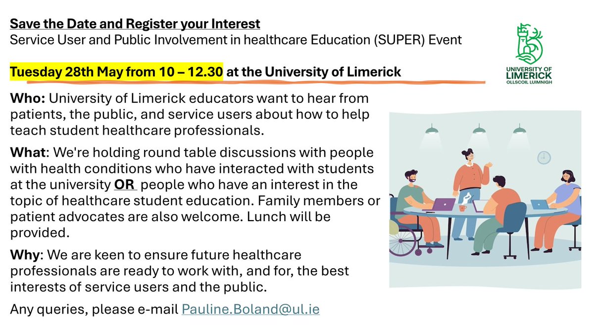 @UL @AlliedHealthUL event on May 28th to hear from patients, service users, family members, patient advocates and the public about how best to support healthcare professional students - more information below - register your interest here​ ticketbud.com/events/3b1e04f… RT welcome!