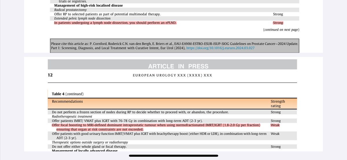 Generally a fan of #EAU #ESTRO etc guidelines. But curious why focal RT boost of tumor gets “weak” rating and ePLND gets “strong” 🤔 Only one of these has phase 3 RCT evidence of ⬇️ recurrence, ⬆️nodal/distant MFS, w/o toxicity increase. Reconsider for 2025? @ESTRO_RT @Uroweb