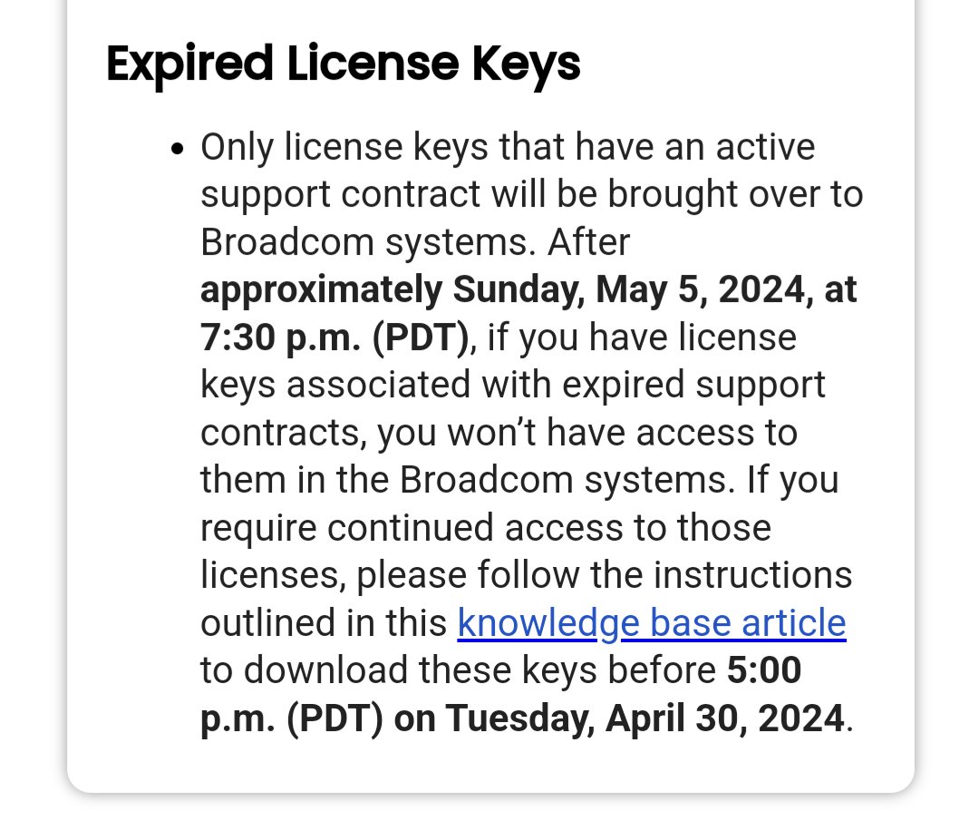 Hi folks, if you have @VMware products that are end of life, you may want to download your keys and the images NOW. Migration of the customer portal is happening today, soon you won't have access to old license keys.