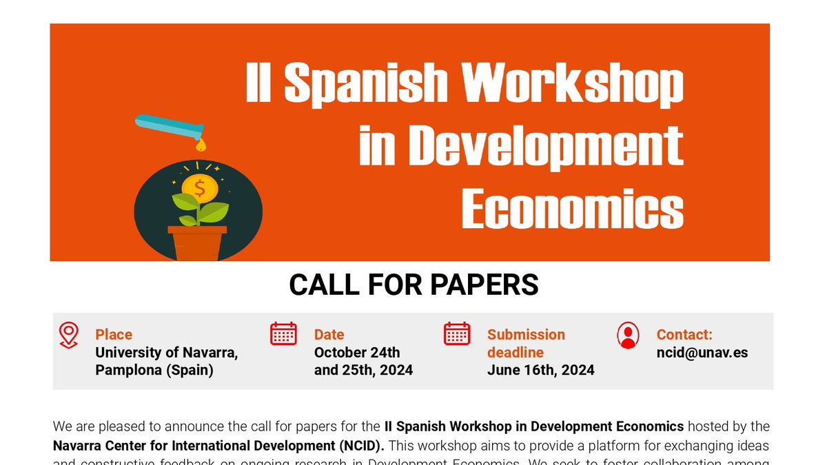 My wonderful colleague Jaime Millán is organizing the following event: II Spanish Workshop in Development Economics Pamplona, Oct 24-25 @ncid_unav @ICS_unav @unav Keynote speakers: @SeiraEnrique (Michigan State) & @DaveEvansPhD (@the_IDB) Submission deadline: June 16 RT plz!