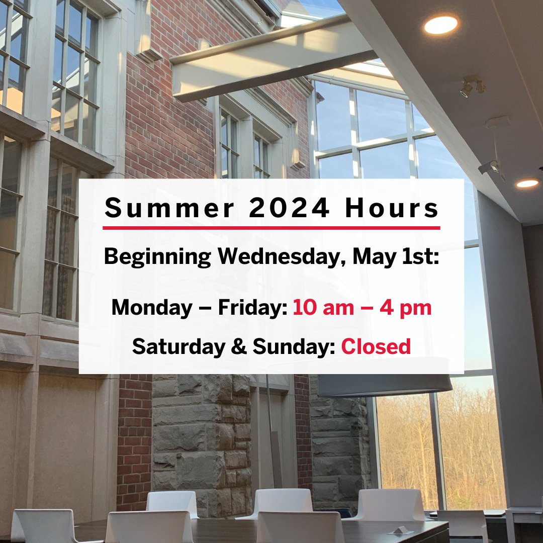 Beginning on Wednesday, May 1, Huron Library's summer hours will be:

• Monday - Friday: 10 am - 4 pm
• Saturday &amp; Sunday: Closed

Congratulations on another successful academic year, Huron! We hope everyone has a wonderful summer. 😊

#HuronULibrary #HuronLibrary