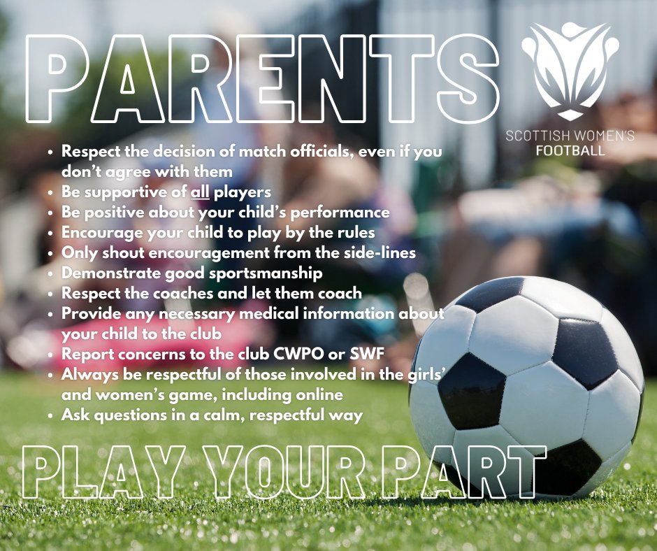 Piling extra pressure your daughter or their coach, or arguing with the referee or other parents doesn't help your kid in the slightest. It also sets a terrible example for the girls. 
Here's a reminder of our code of conduct for parents and carers:
#BeTheDifference #LetThemPlay