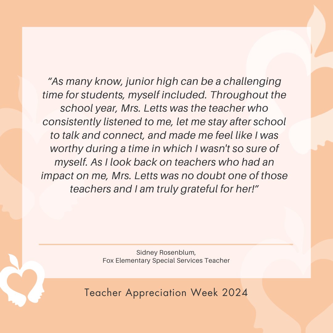 School District 54 (@d54schools) on Twitter photo Laura (<a href="/AddamsCrusaders/">Addams Crusaders</a>) & Sidney (<a href="/Fox_Elementary/">Anne Fox Elementary School</a>) shared how jr. high can be challenging & confusing. Teachers like <a href="/FrostSpartans/">Frost Junior High</a> Megan Farej (Losch) & Kimberly Letts created safe spaces for Laura & Sidney to feel valued & have an opportunity to grow. #TeacherAppreciationWeek Laura (<a href="/AddamsCrusaders/">Addams Crusaders</a>) & Sidney (<a href="/Fox_Elementary/">Anne Fox Elementary School</a>) shared how jr. high can be challenging & confusing. Teachers like <a href="/FrostSpartans/">Frost Junior High</a> Megan Farej (Losch) & Kimberly Letts created safe spaces for Laura & Sidney to feel valued & have an opportunity to grow. #TeacherAppreciationWeek