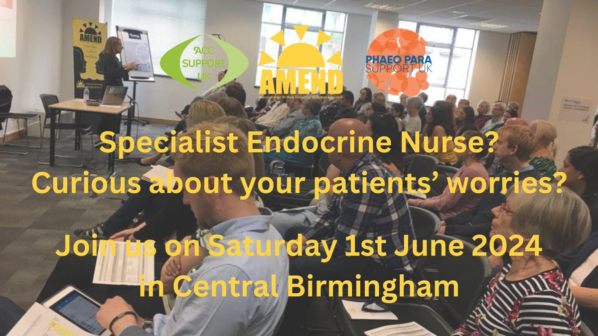We have a number of FREE places for Specialist Endocrine / NET Nurses at our Annual Patient Information Day on Saturday 1st June in Central Birmingham. Find out more and book asap via our website: amend.org.uk/patients/suppo… @Soc_EndoNurses @Soc_Endo #GenNETS
