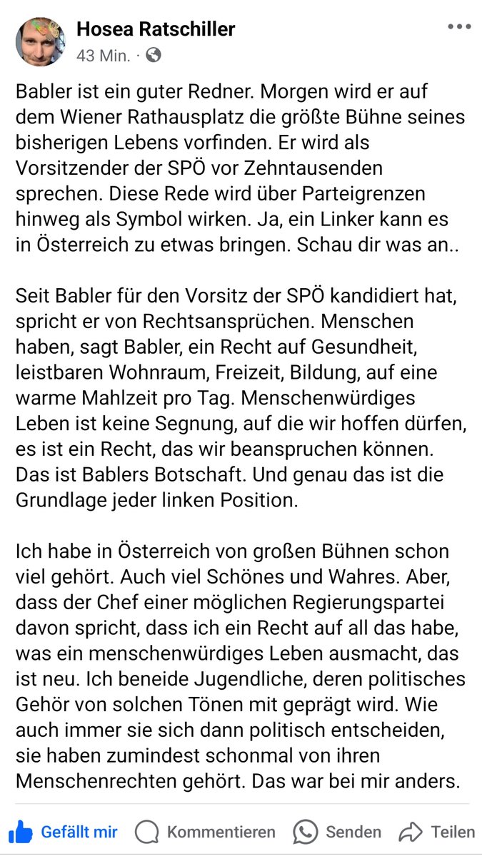 Schöner Text von Hosea Ratschiller auf Facebook über Babler und über seine politische Visionen.
Ein besseres und gerechteres Österreich ist möglich!
#BKBABLER24 ✊️🌹
