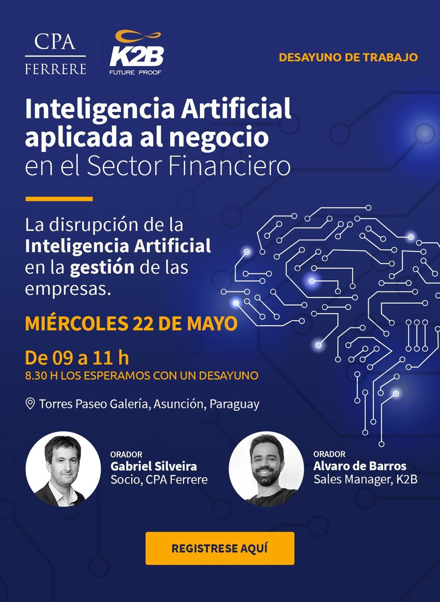 #PARAGUAY CPA FERRERE y @K2Business organizarán en Asunción una conferencia para conversar sobre Inteligencia Artificial, y de cómo puede aplicarse para optimizar procesos internos en las empresas. 📅22/05 🕘09:00 h 📍Torres del Paseo 1 🔗Registro: shorturl.at/btOX5