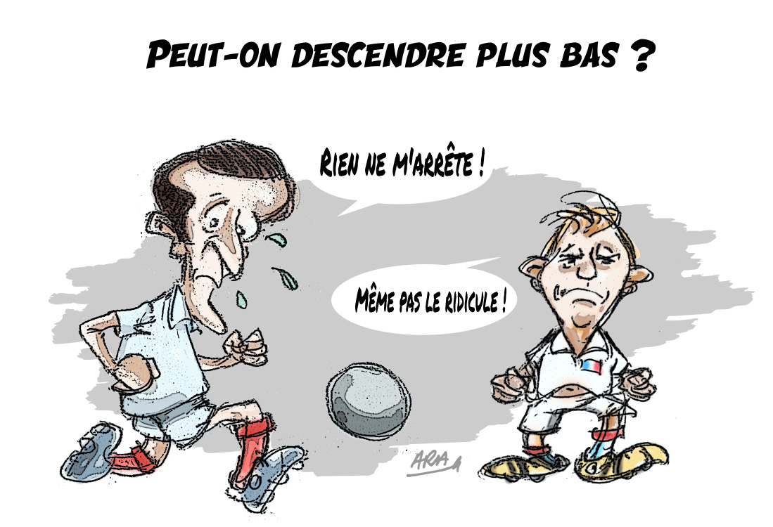 ✏️ Le dessin du jour par @ara_dessins - Peut-on descendre plus bas ? #EmmanuelMacron #football 📰 Lisez France-Soir : francesoir.fr
