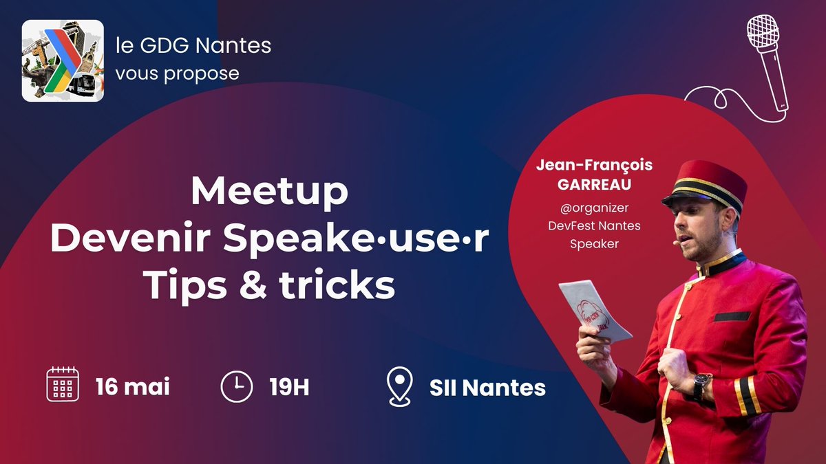 GDG Nantes (@gdgnantes) on Twitter photo "Devenir Speaker·euse" tips and tricks 🎤
RDV le 16 mai à 19h chez <a href="/SII_Atlantique/">SII Atlantique</a> avec <a href="/jefbinomed/">J-F🐘GARRΞAU</a> ! Découvrez comment devenir speaker·euse et proposer vos sujets pour le #DevFestNantes.
CFP ouvert jusqu'au 9 juin ! Infos et inscriptions 👉meetup.com/fr-FR/gdg-nant… "Devenir Speaker·euse" tips and tricks 🎤
RDV le 16 mai à 19h chez <a href="/SII_Atlantique/">SII Atlantique</a> avec <a href="/jefbinomed/">J-F🐘GARRΞAU</a> ! Découvrez comment devenir speaker·euse et proposer vos sujets pour le #DevFestNantes.
CFP ouvert jusqu'au 9 juin ! Infos et inscriptions 👉meetup.com/fr-FR/gdg-nant…