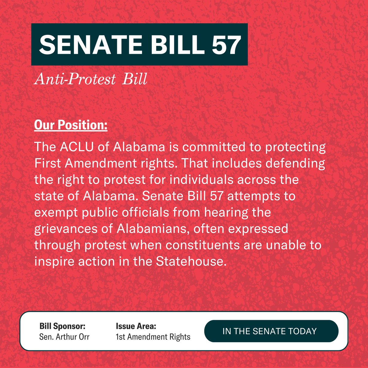 📢SB57, Alabama's dangerous anti-protest bill that limits your constitutional right to assemble, is scheduled for a vote in the Senate today.📢 Here's what you need to know about this bad bill.