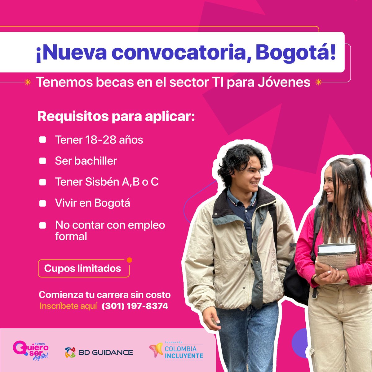 ¡Atención jóvenes con #Discapacidad en Bogotá! ¿Listos para dar el salto al mundo digital? El Fondo Quiero Ser Digital de @GOYNBogota ofrece becas del 100% para estudiar en el sector digital y recibir acompañamiento para alcanzar un empleo. ¡Aplica en! 👉bit.ly/4dh2vb9