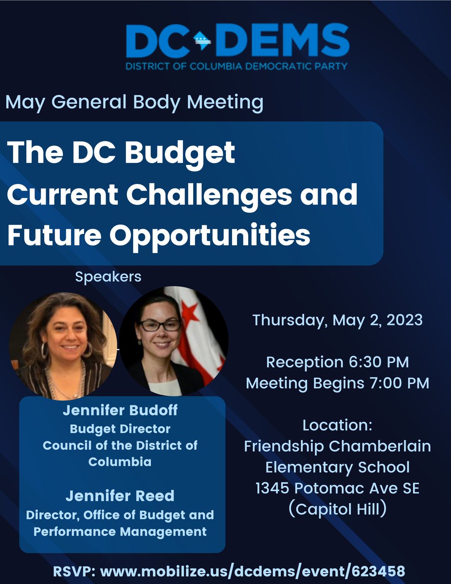 Join us this Thursday, May 2nd for our monthly General Body Meeting! We're discussing the DC Budget: Current Challenges and Future Opportunities and will be joined by guest speakers Jennifer Budoff and Jennifer Reed. RSVP: mobilize.us/dcdems/event/6…