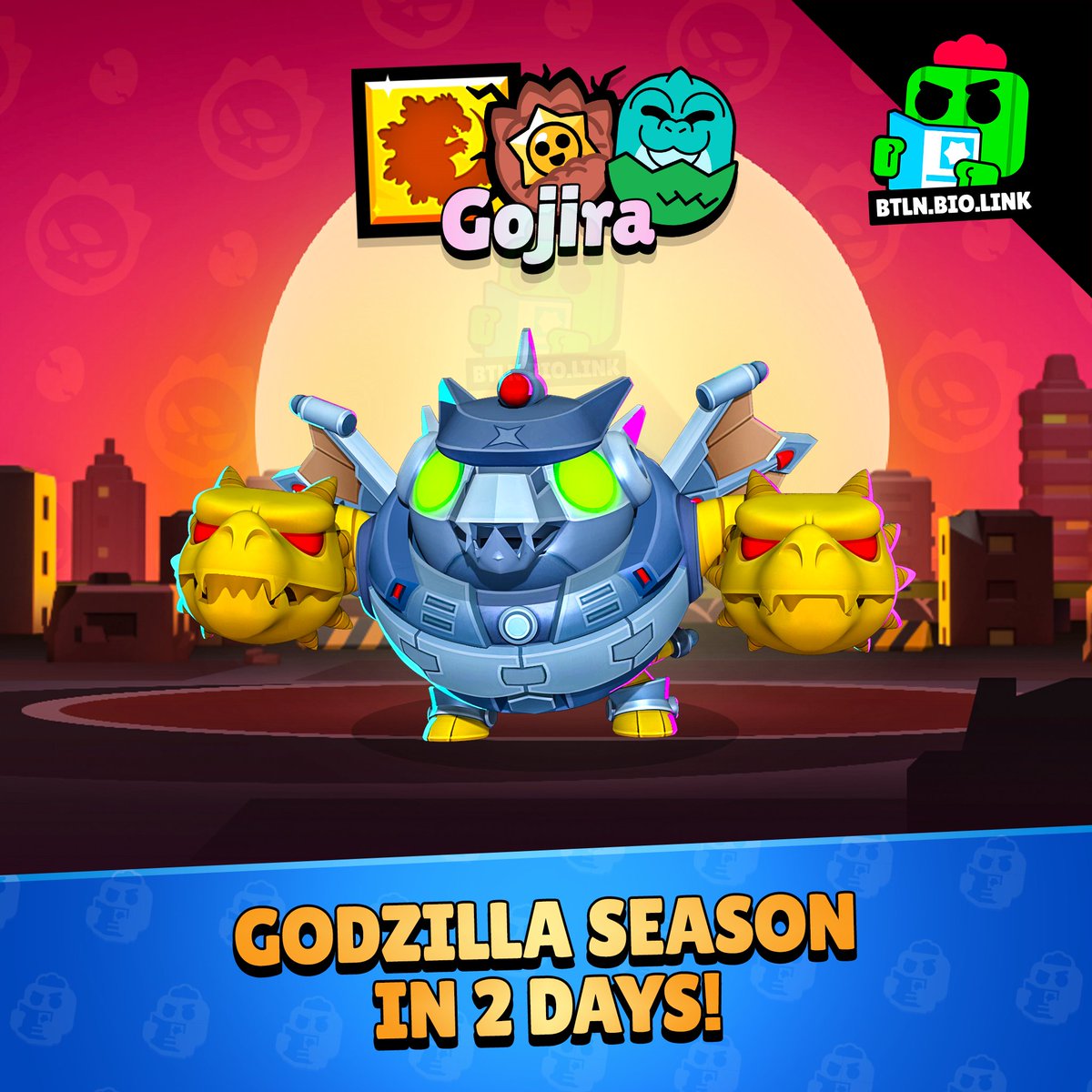 In just a moment, because in 2 days we'll have the Godzilla Brawl Pass Season! 🔥🦖

Mecha Tick will be available in the Lasts Tiers! 🤖

Remember to complete ALL Quests before the New Season Starts because as they will be gone. ❗

#BrawlStars #Godzilla