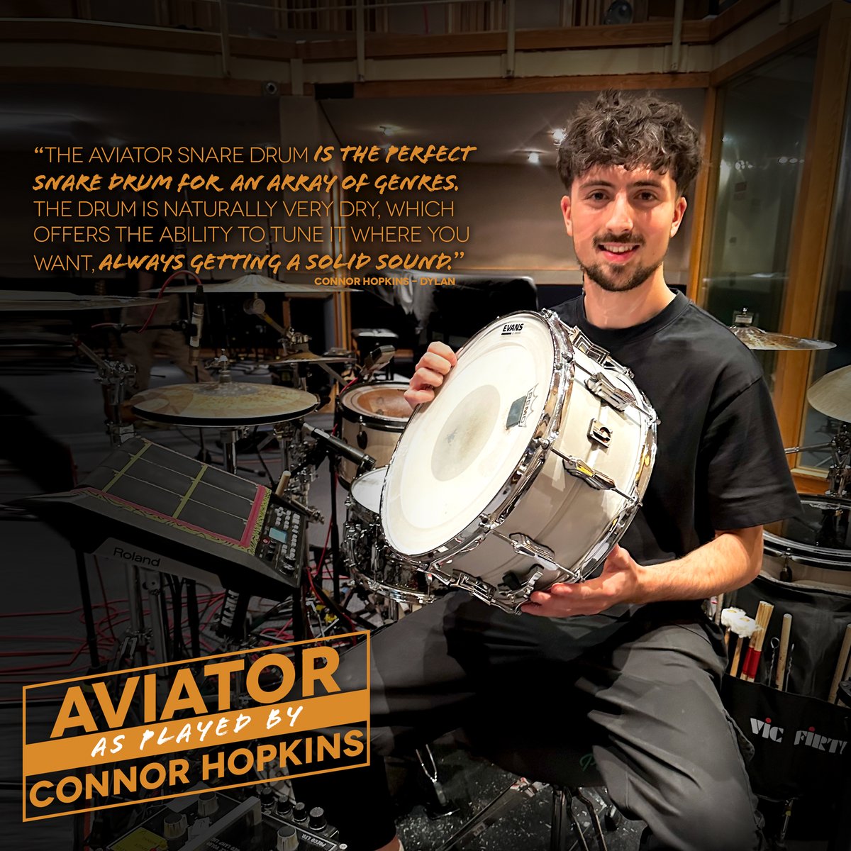 Around the world and back again, Connor Hopkins is back home on UK soil he’s pictured here last week at the BBC Maida Vale studios recording for a Radio 1 performance.   Connor: “I would highly recommend the snare drum to all drummers!”. #britishdrumco #aviator #DYLAN @dyl_an