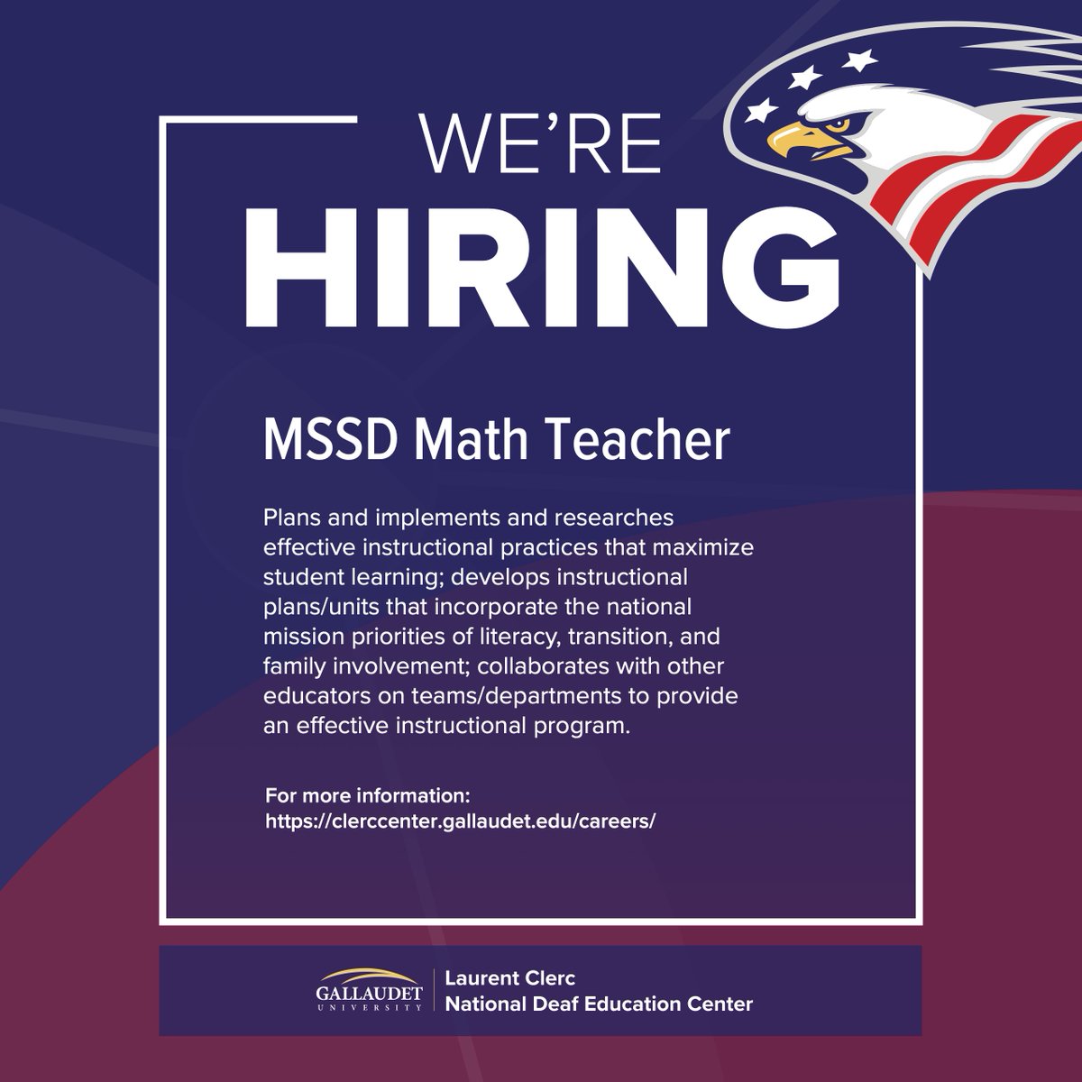 MSSD is looking for a Math Teacher!

To learn about this and other job opportunities at MSSD and the <a href="/ClercCenter/">Clerc Center</a> , check out our Careers page: clerccenter.gallaudet.edu/careers/