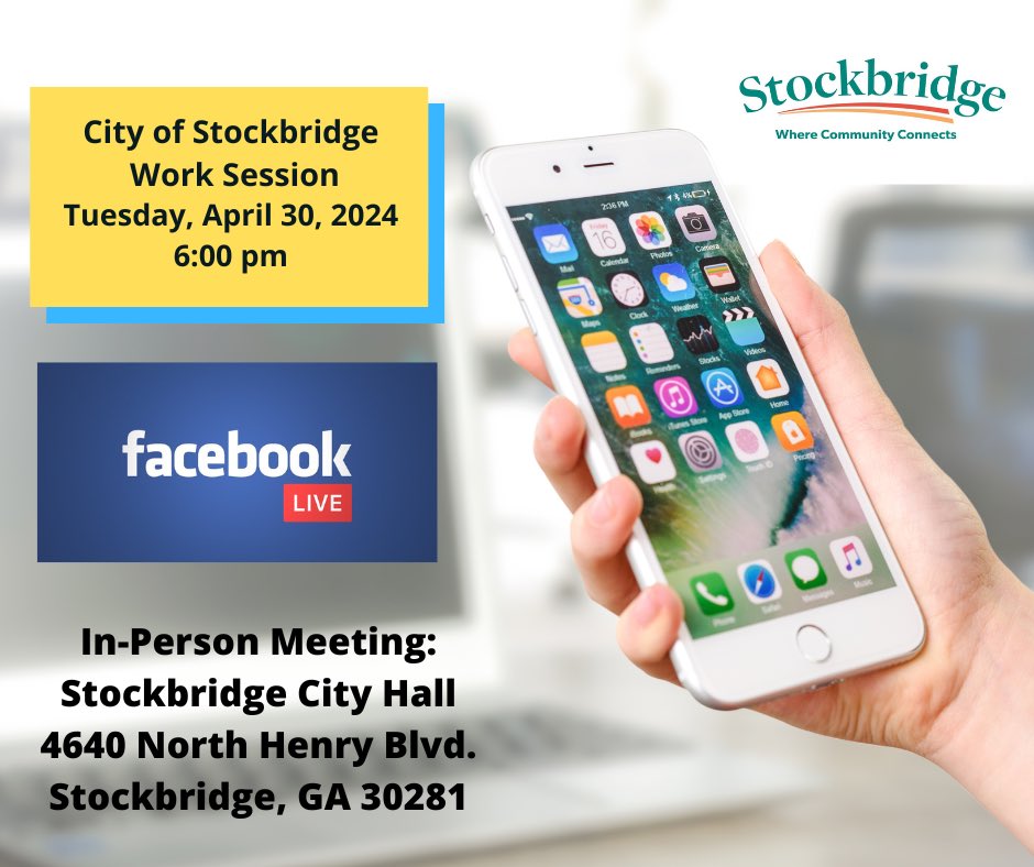 Stay informed! Stay engaged! Attend or watch the Stockbridge Work Session on this Tuesday, April 30th at 6 pm. Open to all! #CityofStockbridge #yourcity #Stockbridge