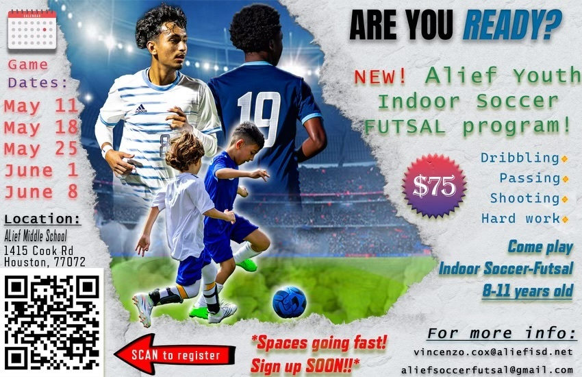 PetroskyPirates's tweet photo. The Alief Soccer league is coming to elementary schools! The attached flyer has all of the details about our upcoming elementary league. It is open to both boys and girls *All games will be indoors at either of the Alief Middle Schools and will be played on Saturdays. https://t.co/pQHcRdkERB